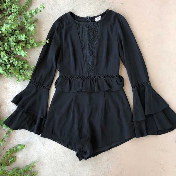 LF Pants - Angel Biba LF Ruffle Sheer Lace Deep V Romper